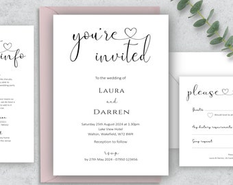 Wedding invitations personalised, Evening reception invitation, Save the date, RSVP, Information card, Menu choice, Envelopes included