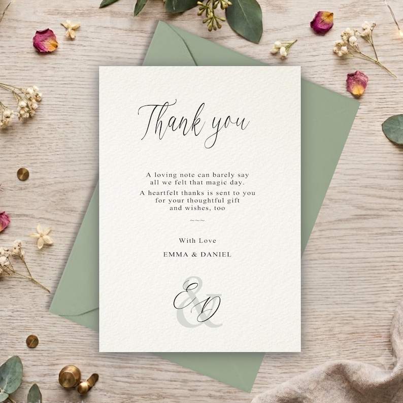 May include: A white thank you card with black text that reads Thank you, A loving note can barely say all we felt that magic day. A heartfelt thanks is sent to you for your thoughtful gift and wishes, too, With Love EMMA & DANIEL, and E&D.