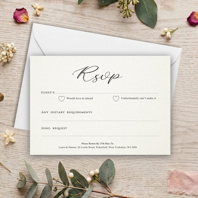 May include: A cream-coloured RSVP card with black text and a white envelope. The card features the word RSVP in script, lines for guest names, checkboxes with hearts for attendance, and sections for dietary requirements and song requests.