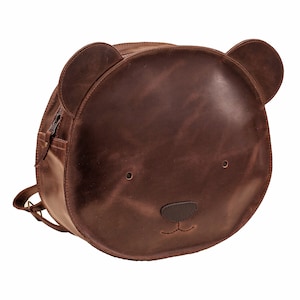 Kids school leather backpack, Preschool bag for children, Personalized monogramed leather backpack, Bear backpack purse, Animal backpack kid