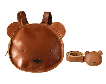 Bear leather backpack for children, kids personalized bag, Cute animal bag, Backpack belt set, Best gift for children, Handmade bag.