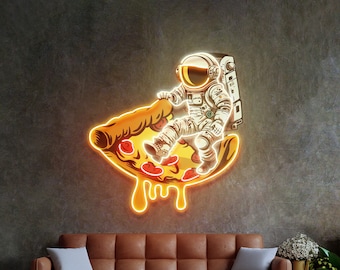 Astronaut On Pizza Neon Sign, Neon Sign Custom, Business logo sign led light, Space neon light, Custom logo sign, Neon sign light, wall art