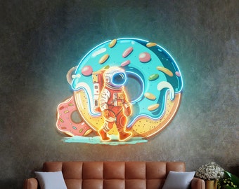 Custom neon sign Donut Astronaut, Custom logo sign, Business logo sign led light, astronaut wall art, Neon Sign Custom, Coffee Shop Decor