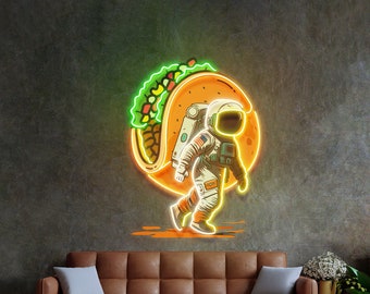 Neon Sign Astronaut Carrying Tacos, Custom logo sign, astronaut wall art, Neon Sign Custom, Coffee Shop Decor, Business logo sign led light