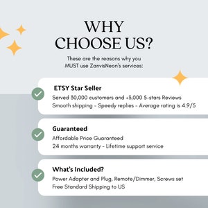 May include: Image with the text "WHY CHOOSE US?" promoting ZanvisNeon's services. Features sections on being an "ETSY Star Seller," "Guaranteed" service, and "What's Included?" including a power adapter and plug.