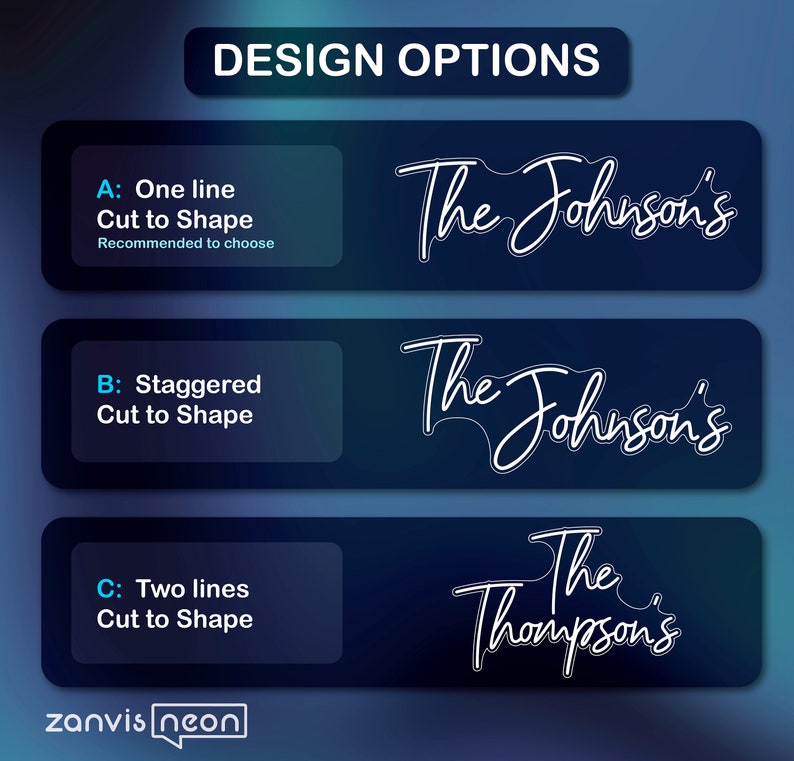 May include: Image displaying design options for neon signs. The options include one-line, staggered, and two-line text arrangements. Each design features a different layout of the text, with the names "The Johnson's" and "The Thompson's" displayed in a cursive font.