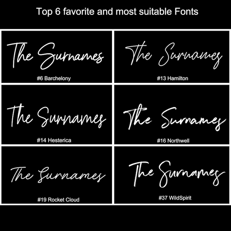 May include: A black and white graphic displaying six font choices for "The Surnames." Each font is presented in a white-bordered rectangle, with a font name and number beneath. The text "Top 6 favorite and most suitable Fonts" is at the top of the image.