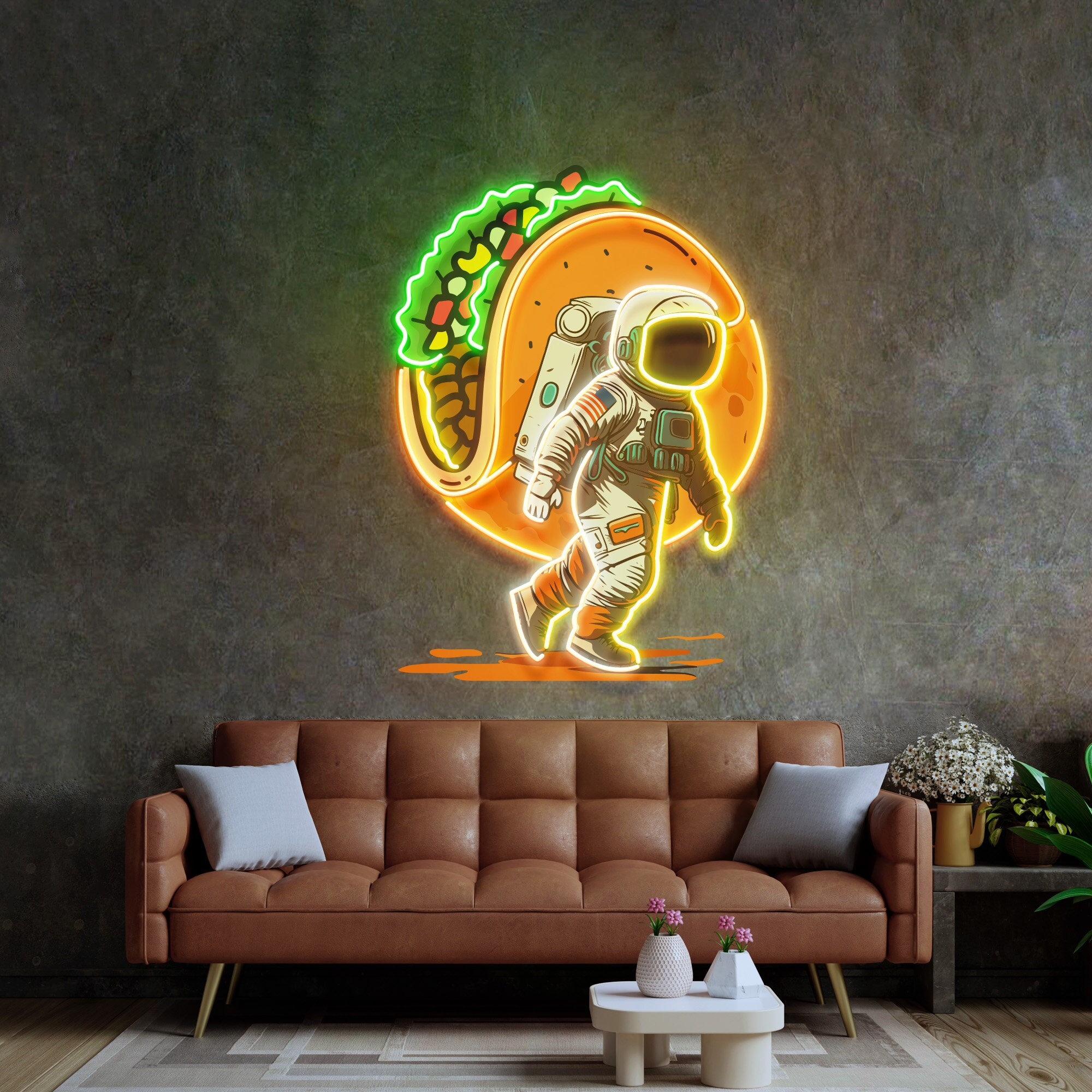 Sinal de néon astronauta carregando tacos, sinal de logotipo personalizado, arte de parede de astronauta, sinal de néon personalizado, decoração de cafeteria, luz led de sinal de logotipo comercial