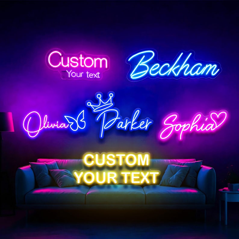 May include: A collection of neon signs in shades of pink, blue, and yellow, set against a dark purple backdrop. The signs display names such as "Beckham," "Olivia," "Parker," and "Sophia," alongside the text "Custom Your text."