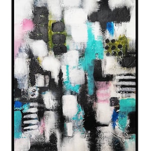 May include: Abstract painting with a mix of black, white, blue, green, and pink paint. The painting has a textured look and is framed in a black frame.