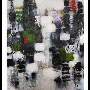 May include: Abstract painting with black, white, green, and red geometric shapes. The painting has a textured surface and a modern style.