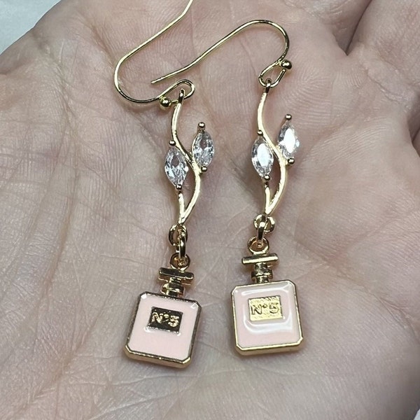 Swirly Sparkling Gold Crystal Extension Branches - Pink Perfume Bottle No 5 Enamel Earrings - 14K Gold Plated Hooks
