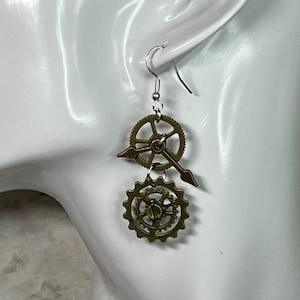 Pendientes Steampunk de Bronce con Engranajes de Reloj, Doble Cara - Ganchos Chapados en Plata de Ley 925