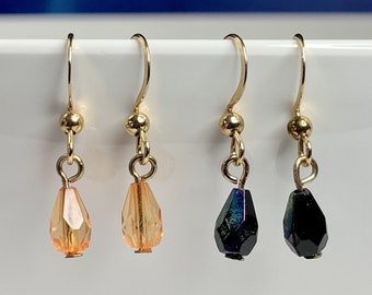 Yellow or Black Teardrop Crystals on Gold Hooks - 3D Lightweight Earrings with Gold Seed Beads