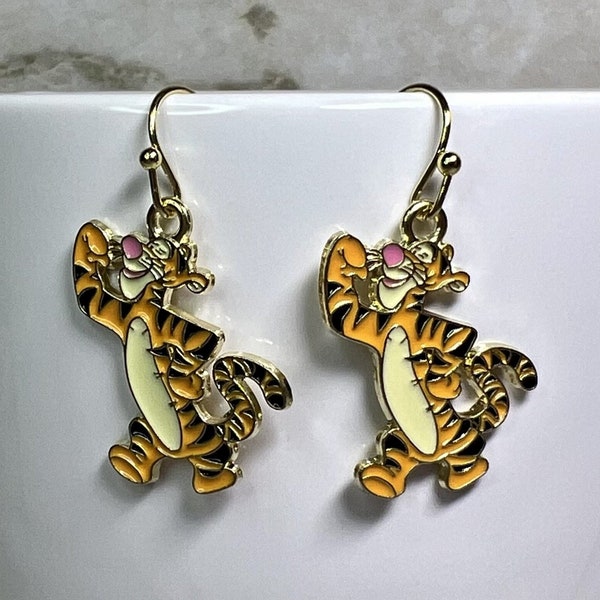 Confident Bouncy Tigger Enamel Earrings - 14K Gold Plated or Filled Hooks - Winnie the Pooh Classic Disney Collection