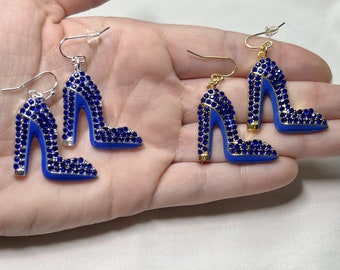 Royal Blue High Heel Pump Drop Earrings - Sparkling Rhinestones - Silver or Gold Plated French Hooks