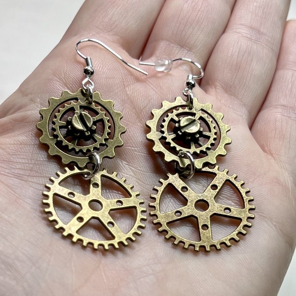 Double Sided Bronze Clock Gear Steampunk Earrings - 925 Sterling Silver Plated Hooks - Top Gear Screws