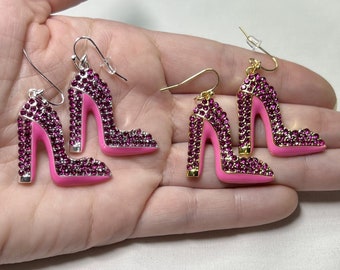 Hot Pink High Heel Pump Drop Earrings - Sparkling Rhinestones - Silver or Gold Plated French Hooks