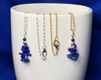 Blue Lapis Lazuli Necklace - September Birthstone, Natural Stone, Art Pendant on Thin Delicate 18 Inch Gold or Silver Chain