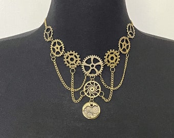 Steampunk Necklace with Bronze Gears and Chains is Adjustable From Choker Style to 18"