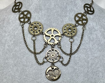 New! Steampunk Necklace with Bronze Gears and Chains is Adjustable From Choker Style to 18"