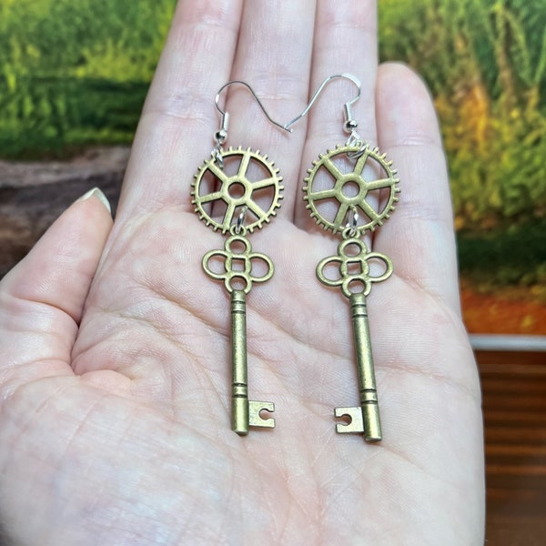 Large Wheel, Double-Sided Bronze Steampunk Earrings with Gears and Keys - 925 Sterling Silver Plated Hooks - Great for Cosplay or Halloween!