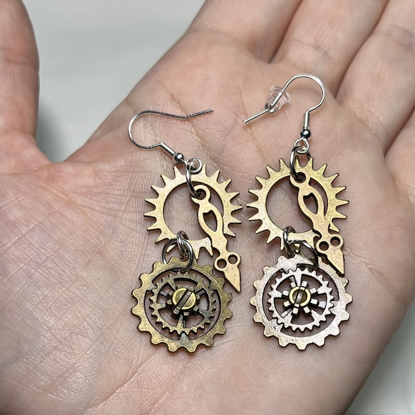 Bronze Clock Gear Steampunk Earrings, Double-Sided - 925 Sterling Silver Plated Hooks - Great for Cosplay or Halloween!