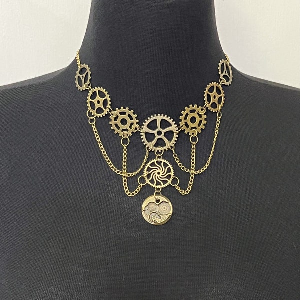 Steampunk Necklace with Bronze Gears and Chains is Adjustable From Choker Style to 18"