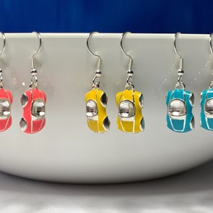 Enamel Roadster Sports Car Drop Earrings - 925 Sterling Silver Plated Hooks and Seed Bead Accents - Pink, Yellow, and Blue Available