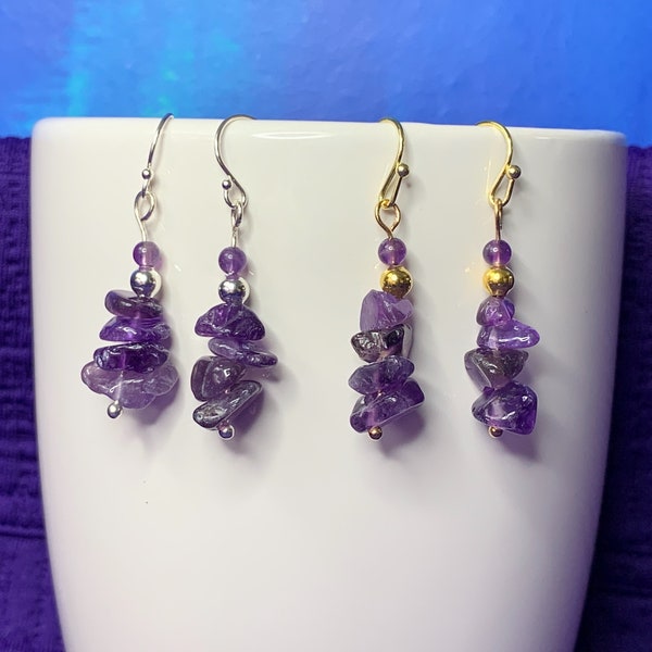 Natural Stone Purple Amethyst Earrings with Gold or Silver Plated Hooks - February Birthstone - 0.925 Silver or Gold Filled Hooks Available