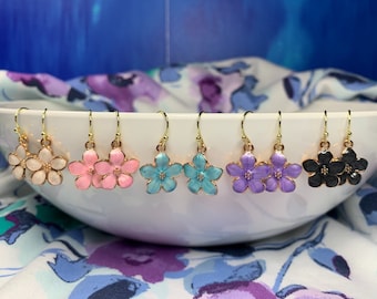 Colorful Enamel Cherry Blossom Earrings with Gold Hooks - A Great Gift for Easter - Pink, Blue, Purple, White, and Black Available