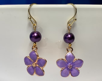 Short Lilac Colored Enamel Cherry Blossom Earrings with Pearl Accents and Gold Plated Hooks - Great Gift For Mom or Birthday