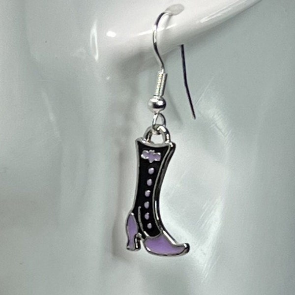 Purple and Black Witch Heels with Buttons and Pointed Toes Earrings - 925 Sterling Silver plated Hooks - Fun for Halloween!