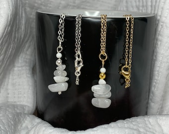 White Alabaster Necklace - Small Natural Stone, Art Pendant on Thin Delicate 18 Inch, Gold/Silver Chain