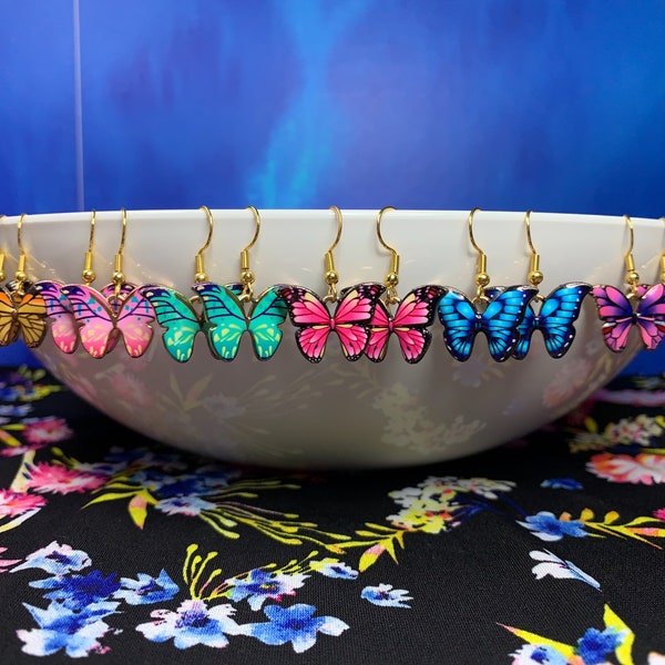 Enamel Spring Butterfly Earrings With Gold Accents And Hooks - A Great Easter Gift - Yellow, Light Pink, Green, Hot Pink, Blue, and Purple