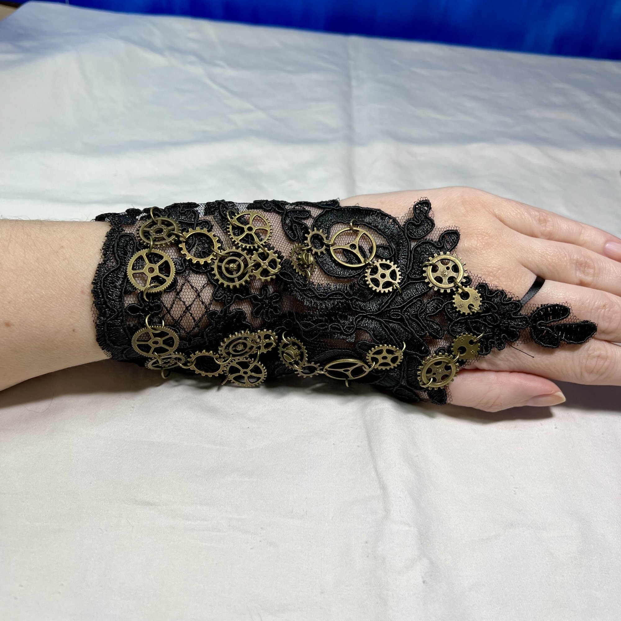 Black Lace Steampunk Wrist Cuff Bracelet With Bronze Gears is