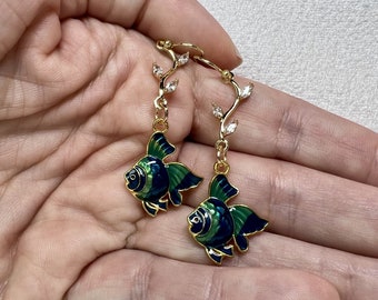 Shiny Blue and Green Striped Fish Enamel Earrings with Sparkling Gold Cubic Zirconia Extension Seaweed - 14K Gold Plated or Filled Hooks