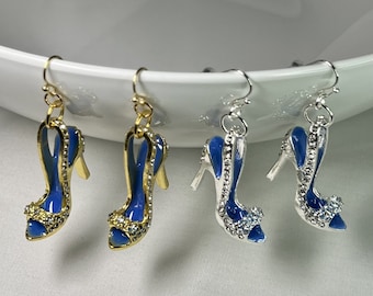 Royal Blue Slingback High Heel Drop Earrings - Sparkling Rhinestones - Gold or Silver Plated French Hooks