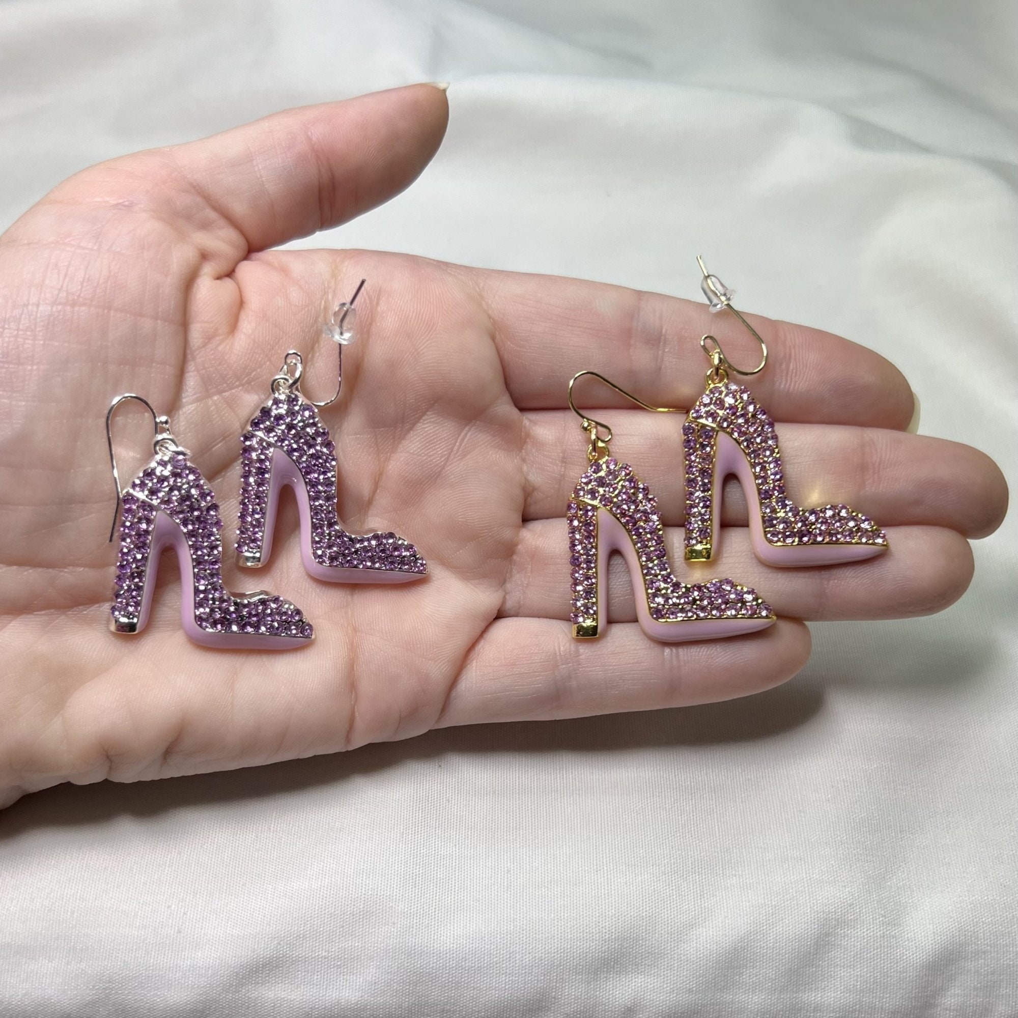 Lavender High Heel Pump Drop Earrings - Sparkling Rhinestones - Silver or Gold Plated French Hooks