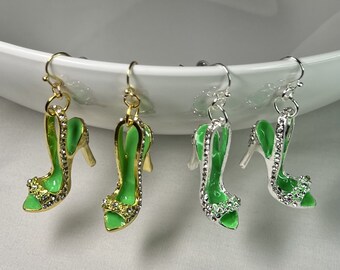 Green Slingback High Heel Drop Earrings - Sparkling Rhinestones - Gold or Silver Plated French Hooks