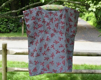 Handmade handprinted 100% linen blouse, soft and beautiful, timeless styling, dolman sleeve, organic print