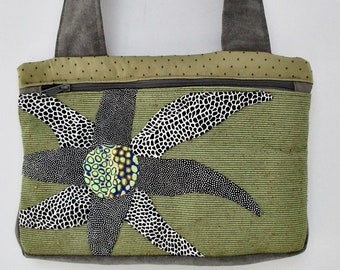 Appliqueed flower crossbody pocketbook, back and interior pockets, 9"H x 11.5"W x 1.5"D