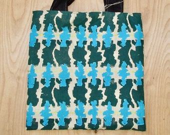 Handmade block printed shoulder bag, Bauhaus motif, magnetic snap closure, 12.5"Wx12.5"H. Free ship.