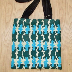 Handmade block printed shoulder bag, Bauhaus motif, magnetic snap closure, 12.5&quot;Wx12.5&quot;H. Free ship.