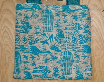 Handmade block printed shoulder bag, beautiful contemporary bird motif, magnetic snap closure, 12.5"Wx12.5"H. Free ship.