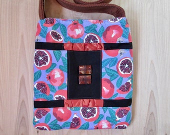 Handmade mod boho contemporary pomegranate crossbody bag, 10"wx11"h. Free shipping.