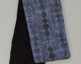 Block printed & embroidered fabric scarf, southwestern/tribal/aboriginal design on blue, linen + jersey, approx. 12"Wx36"L. Free ship.