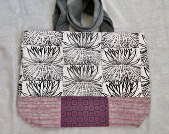 Handmade block printed magnetic snap tote, handbag, pocketbook 15.5H x 17W x 4D. Free shipping.