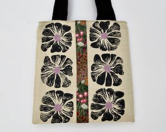 Handmade block printed shoulder bag, floral motif, magnetic snap closure, 12.5"Wx12.5"H.
