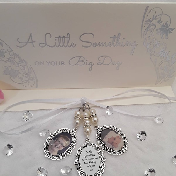 Brides triple silver coloured photo bouquet charm. Memorial bouquet charm.